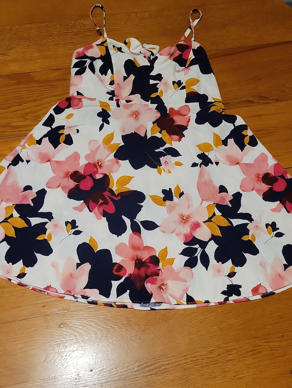 Old Navy White Floral Striped Cami Dress with Navy, Pink & Yellow